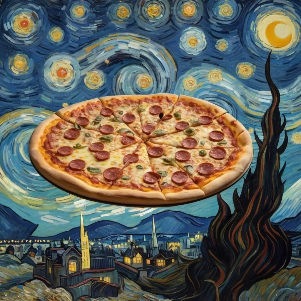 Prompt: A Pizza flying on a "magic carpet" in "The Starry Night" by Vincent van Gogh