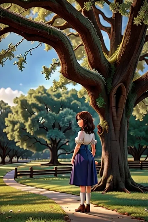 Prompt: Evangeline standing under an oak tree Spanish moss  by a Bayou waiting for her lost love Gabriel 18th century