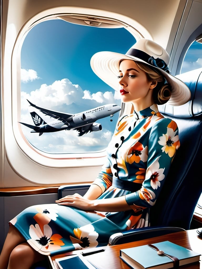 Prompt: a   21-year-old woman in a long flower print Empire Dress with a high neck line and white hat, sitting on an airplane seat with a hat on her head.

The woman is  having a nightmare about her work. 

her desk in her office in the window in the background with a window, 