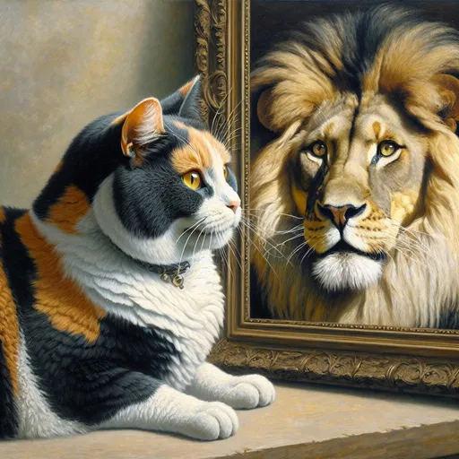 Prompt: Create a UHD, 64K, professional oil painting in the style of Thomas Moran, blending influences from the Hudson River School , a calico house cat  looking at the himself in the  mirror with a reflection of a lion in the mirror .