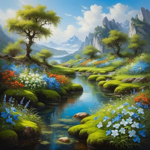 Prompt: Create a UHD, 64K, professional oil painting Depict All overgrown with azure moss and flowers