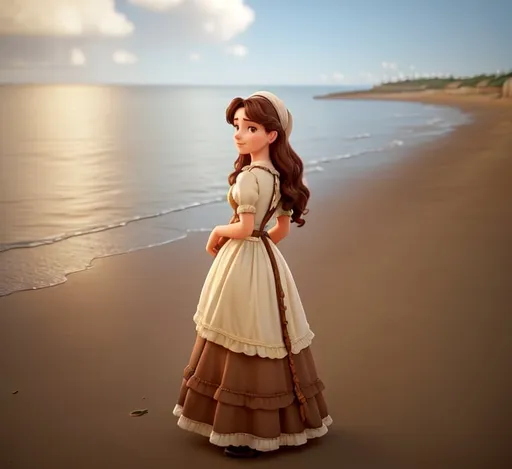 Prompt: image of Victorian era beautiful woman,  is looking  at the sea,  with long brown hair, standing on the sand at the beach, 