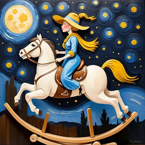 Prompt: a painting  of "the girl with the pearl earring" wearing cowboy hat riding a airborne  rocking horse, attach to wood rocker, that is jumping over the Moon.  in the style of "The Starry Night" by Vincent van Gogh