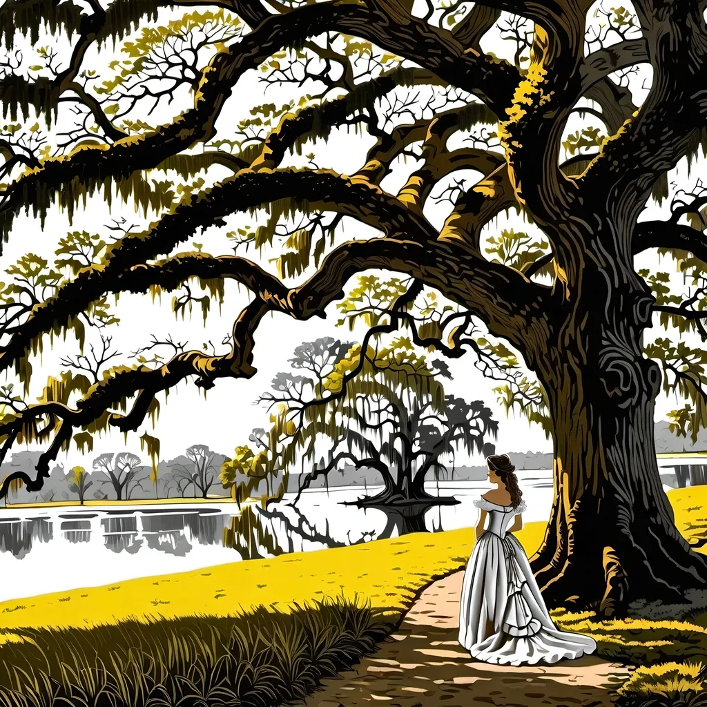 Prompt: 18th century French, Evangeline standing under an oak tree Spanish moss  looking  at  the  Bayou waiting for her forever lost love Gabriel 