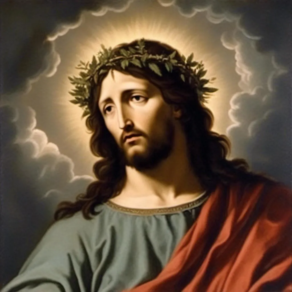 Prompt: <mymodel>Jesus Christ with thorn wreath, heavenly clouds, earth below, religious, traditional oil painting, divine atmosphere, detailed facial features, high quality, oil painting, traditional, divine lighting, serene earth view, heavenly, religious art, detailed eyes, divine presence, majestic, atmospheric lighting