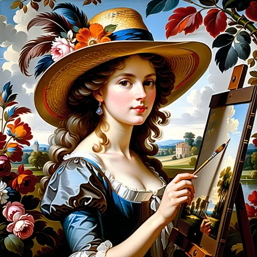 Prompt: Self-portrait in a Straw Hat (French: Autoportrait au chapeau de paille, Dutch: Zelfportret met strohoed) is a self-portrait by the French painter Élisabeth Vigée Le Brun, painted after 1782, in oil on linen, measuring 97.8 by 70.5 centimetres. It has belonged to the collection of the National Gallery in London since 1897.(wikipedia)

Step into the elegant world of Élisabeth Vigée Le Brun's Rococo masterpiece, 'Self-portrait in a Straw Hat,' and reimagine the artist herself as she presents her craft with grace and poise.

Capture the essence of Vigée Le Brun's self-portrait as you depict a charming woman in a feathered hat holding a thin, flat wooden painter's palette adorned with dollops of paint.

Let the soft, flattering style of Vigée Le Brun's painting guide your brushstrokes, as you convey the natural simplicity and modernity of the artist's pose and appearance.

Explore the interplay of light and shadow, paying close attention to the effect of light on the subject's neck and décolleté, and the subtle nuances of expression in her  eyes, delicate nose, and thin lips.

Consider the symbolism of the artist's attire and accessories, from her fashionable 'a la grècque' clothing to her flamboyant straw hat adorned with flowers and ostrich feathers, and the palette and brushes that signify her profession as a painter.

Invite viewers to journey back in time to the Rococo era, where they can immerse themselves in the elegance and sophistication of Vigée Le Brun's world, and appreciate the innovative and modern spirit of her self-portrait.

Whether you choose to work with traditional painting techniques or explore digital mediums, let your creativity soar as you breathe new life into this timeless masterpiece, and pay homage to one of the most celebrated artists of the 18th century." (chatgpt)