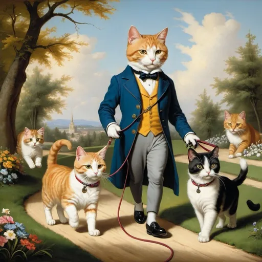 Prompt: a painting of an anthropomorphic cats walking a dog on a leash.