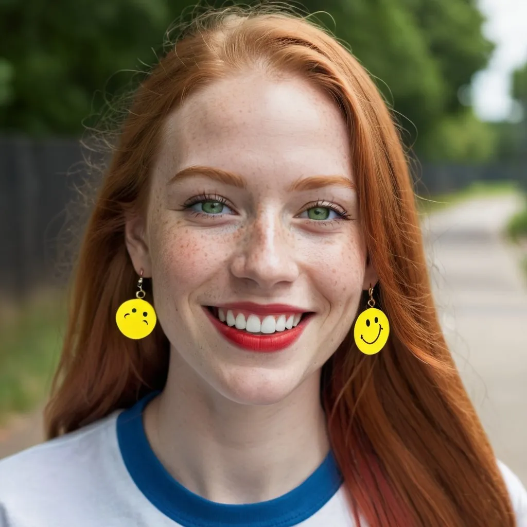 Prompt: portrait,  
(27 year-old woman,) 
(walking),
(cover with dark freckle), 
(green eyes), 
(long ginger hair), 
(red lipstick), 
(a smile on her face), 
(earrings with a smiley face on it's earring hooks),  
(smiley-face t-shirt), 
(long blue jean), 
(red and blue tennis shoes),
photo
