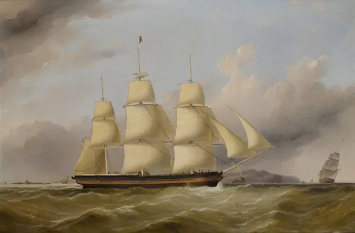 Prompt: "The packet ship Memphis of the Louisiana Line off the Skerries". Memphis was built in New York in 1839 by Smith, Dimon & Comstock. a painting by Samuel Walters  (1811–1882)  of a ship  in the ocean with a blue sky behind it and a ship  in the water,  in the style of Fitz Hugh Lane, american scene painting, painting, a painting