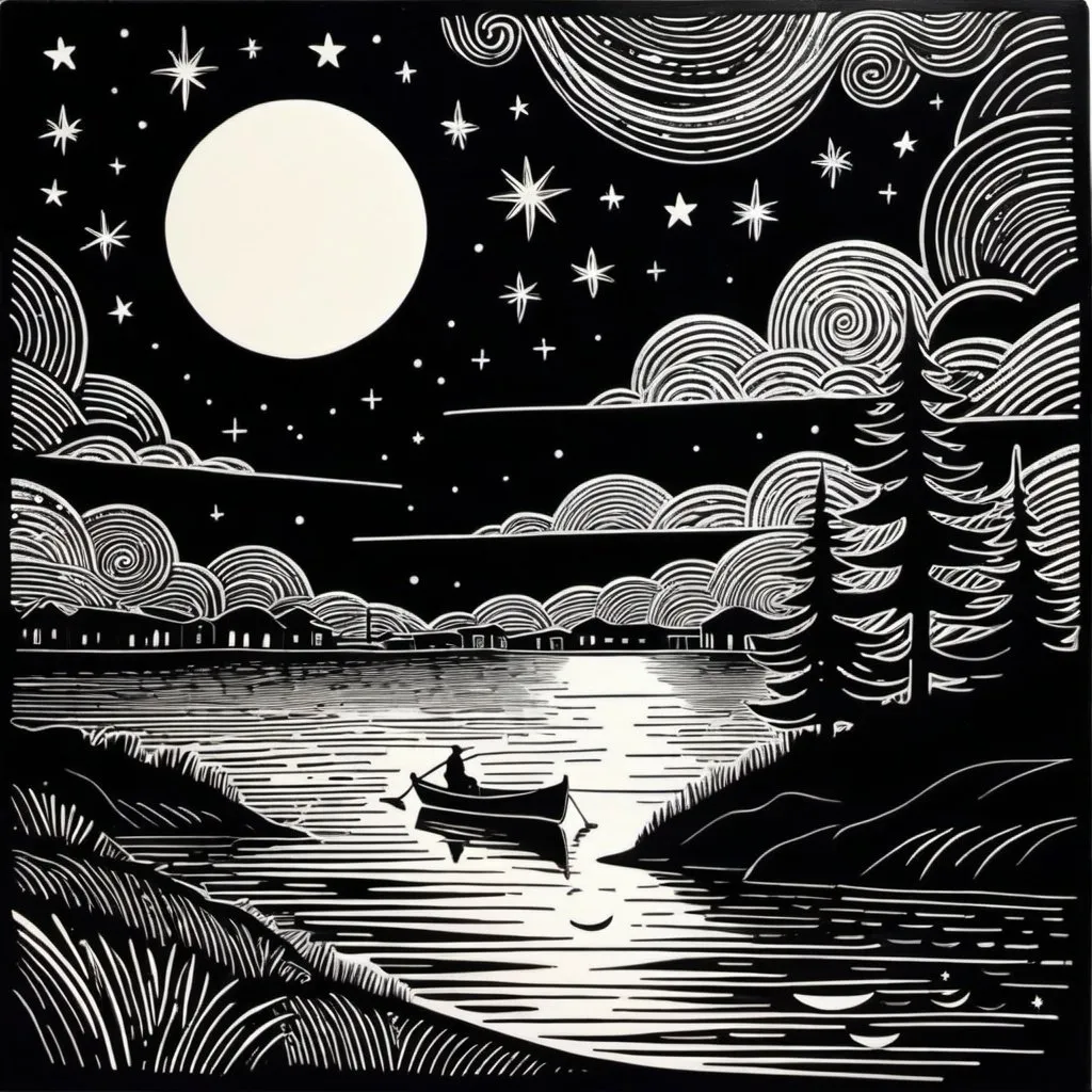 Prompt: A linocut, neo-primitivism, detailed illustration, a woodcut

 Depict the theme of the poem 

        Last night - how deep the darkness was!
        And well I knew its depths, because
        I waded it from shore to shore,
        Thinking to reach the light no more.

        She would not even touch my hand. -
        The winds rose and the cedars fanned
        The moon out, and the stars fled back
        In heaven and hid - and all was black!

        But ah!    To-night a summons came,
        Signed with a teardrop for a name, -
        For as I wondering kissed it, lo,
        A line beneath it told me so.

        And now - the moon hangs over me
        A disk of dazzling brilliancy,
        And every star-tip stabs my sight
        With splintered glitterings of light!

Last Night - And This.

    By James Whitcomb Riley