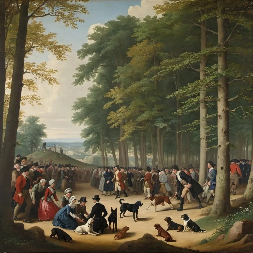 Prompt: a painting of a large group of people in a wooded area with a dog on the ground and a man on the ground, 