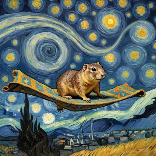 Prompt: A gopher flying on a "magic carpet" in "The Starry Night" by Vincent van Gogh