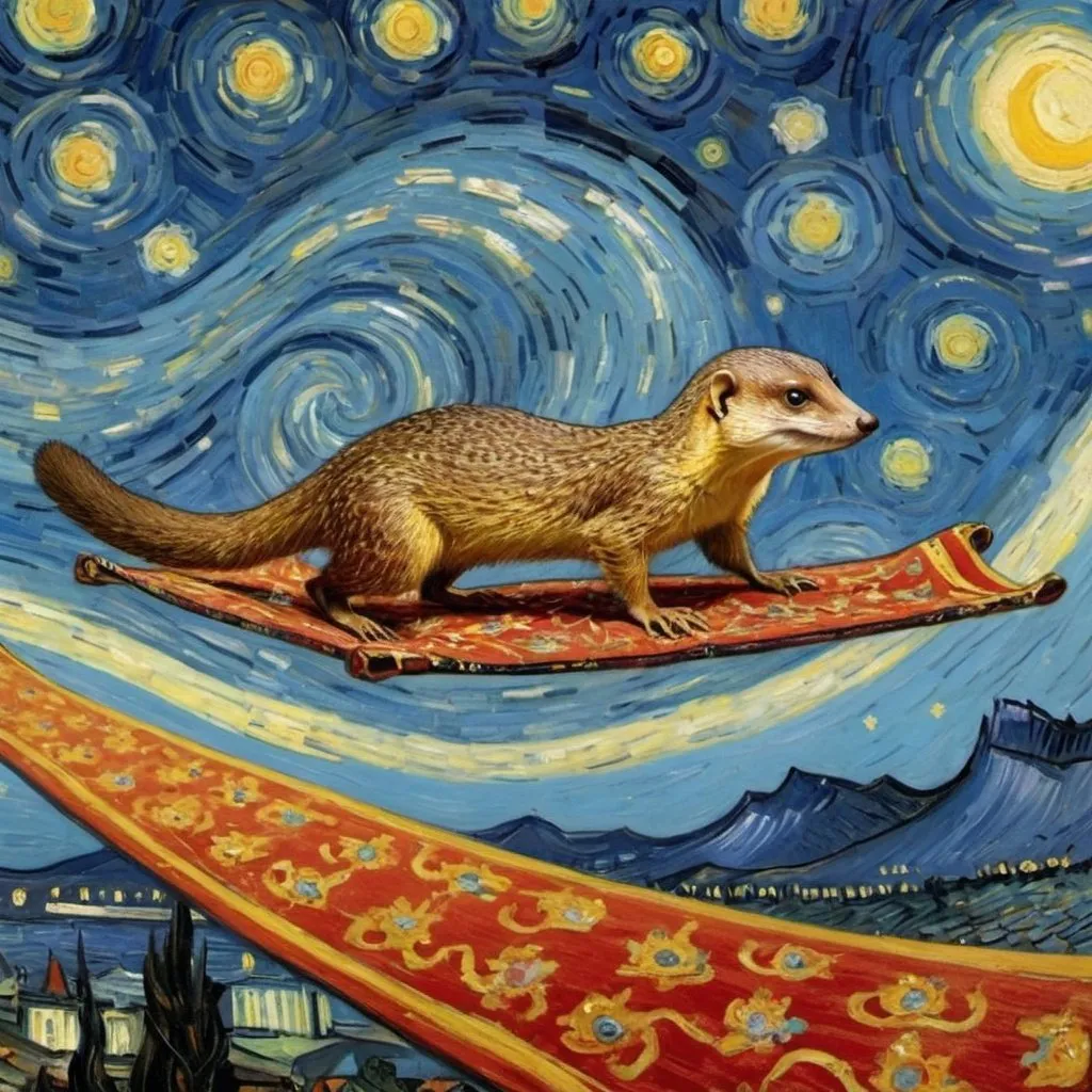 Prompt: A "Mongoose"  flying on a "magic carpet" in "The Starry Night" by Vincent van Gogh