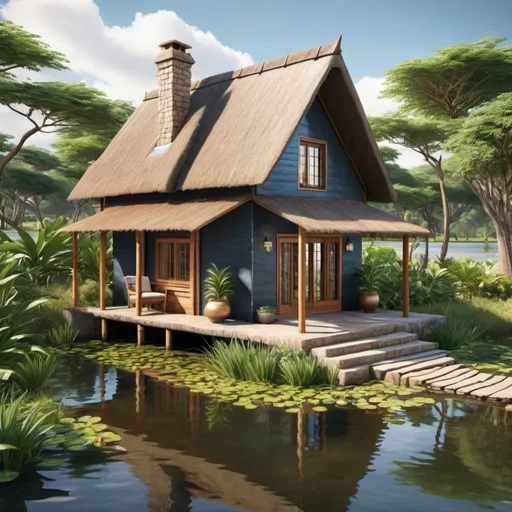 Prompt: create a very detailed and magnificent cottage in a water pond ,  in east Africa 