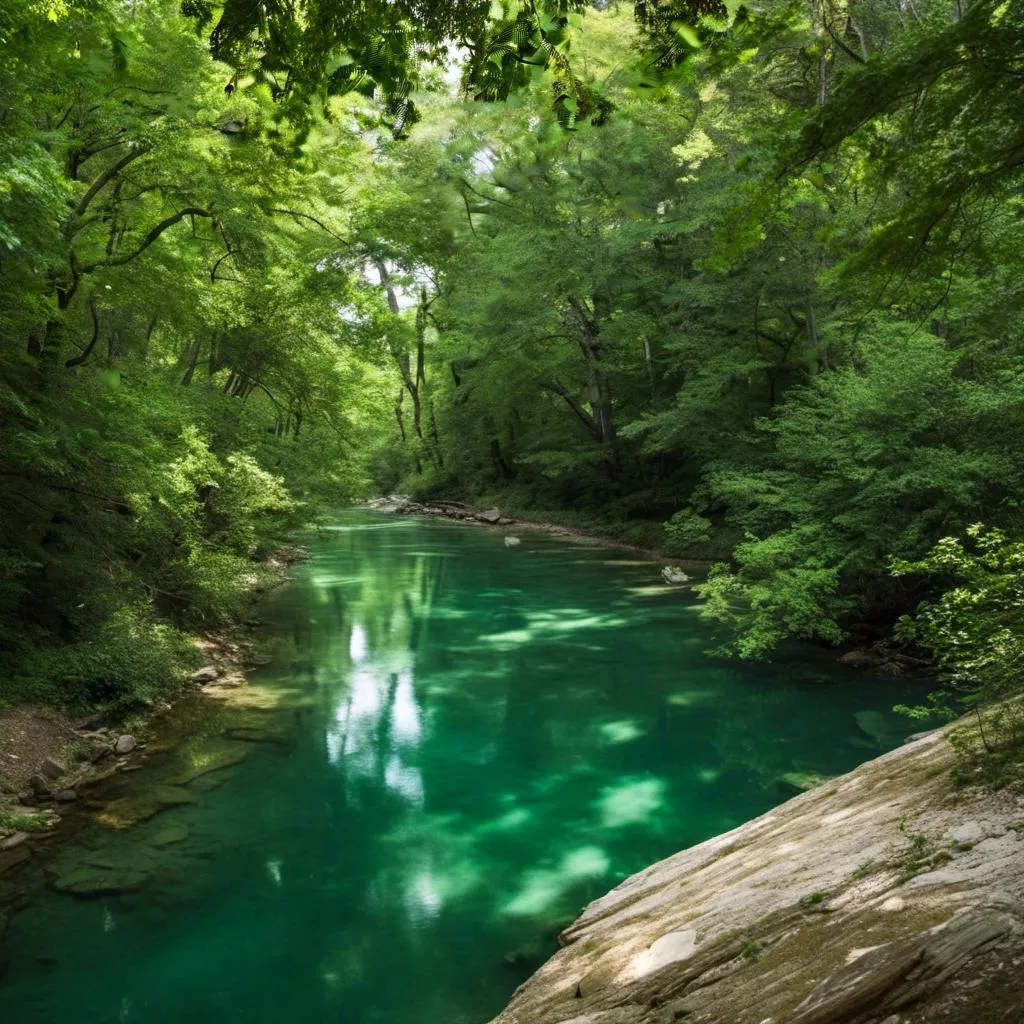 Prompt: <mymodel> A peaceful river surrounded by nature, The water is clear, and the surroundings are lush and green 