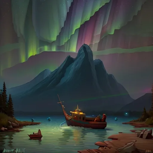 Prompt: a painting of a boat in a body of water under a sky filled with aurora lights and a mountain, Albert Bierstadt, space art, apocalypse, a painting