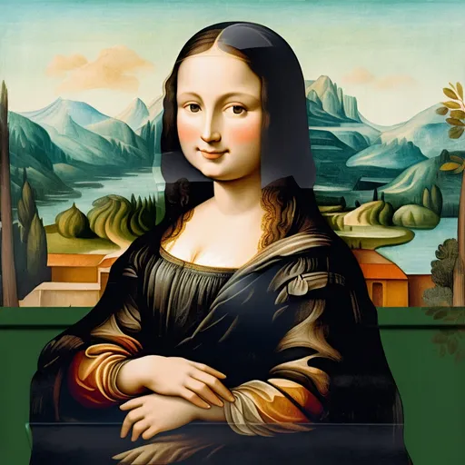 Prompt: a painting of a Mona Lisa with a  almost transparent  black veil over long hair and a smile on her face, with a green background and a blue sky, Fra Bartolomeo, academic art, da vinci, a painting