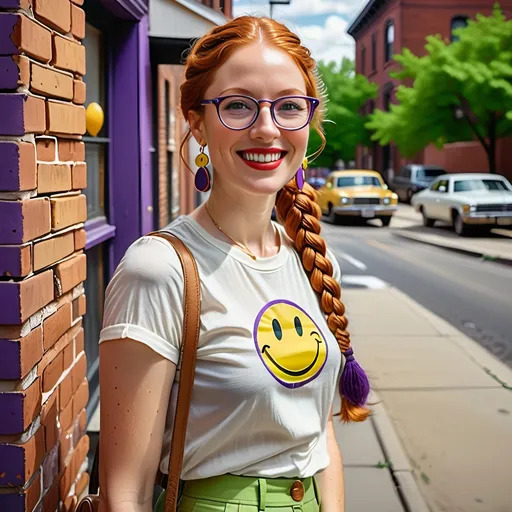 Prompt: a woman 1970s smiley face earrings. green eyes. cover with dark freckle. long ginger hair ginger in a French braid. wearing red lipstick. purple broad rimmed eyeglasses.  standing next to a brick wall with a smiley face on it's shirt, Elinor Proby Adams, maximalism, summer vibrancy, 1970s oil painting,