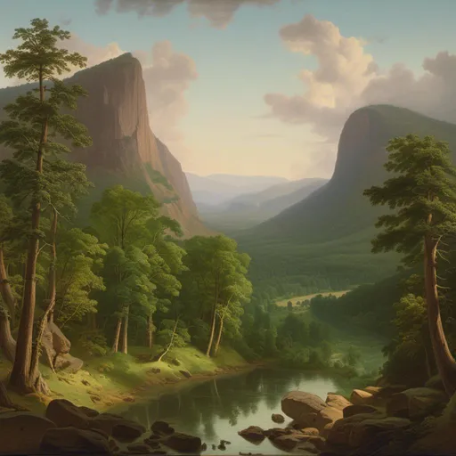 Prompt: <mymodel>  a river running through a lush green forest filled valley next to a cliff face covered in trees and rocks, Charles H. Woodbury, hudson river school, zenith view, a jigsaw puzzle