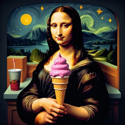 Prompt: Mona Lisa holding lava in an ice cream cone at night 