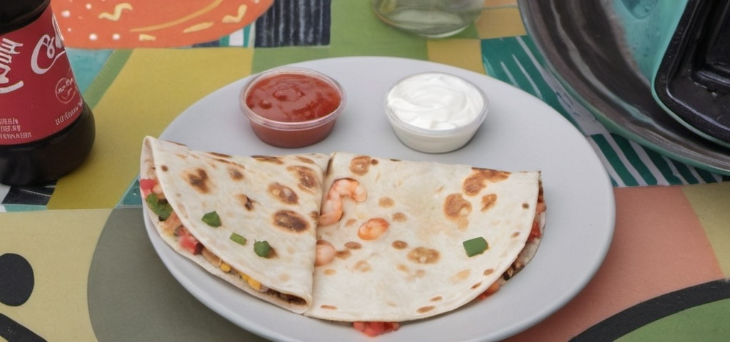 Prompt: a plate with a  shrimp quesadilla, a small containers with lid of salsa,  a small containers with lid of sure cream, and  bottle of soda on the table,  superflat, product photo, a pastel