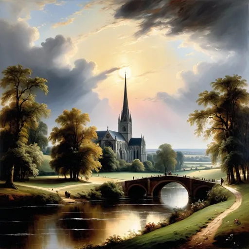 Prompt: Create a UHD, 64K, professional oil painting in the style of John Constable, Romanticism, traditional religious iconography, The towering cathedral with its elaborate spires and detailed sculptures dominated the skyline a beacon of faith and artistry, The first faint streak of daybreak appeared on the horizon casting a pale light over the sleeping world.