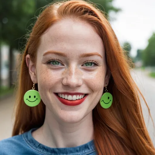 Prompt: gportrait,  
27 year-old woman, 
walking,
cover with dark freckle, 
green eyes, 
long ginger hair, 
red lipstick, 
a smile on her face, 
(smiley-face-earrings),  
smiley-face t-shirt, 
long blue jean, 
photo 