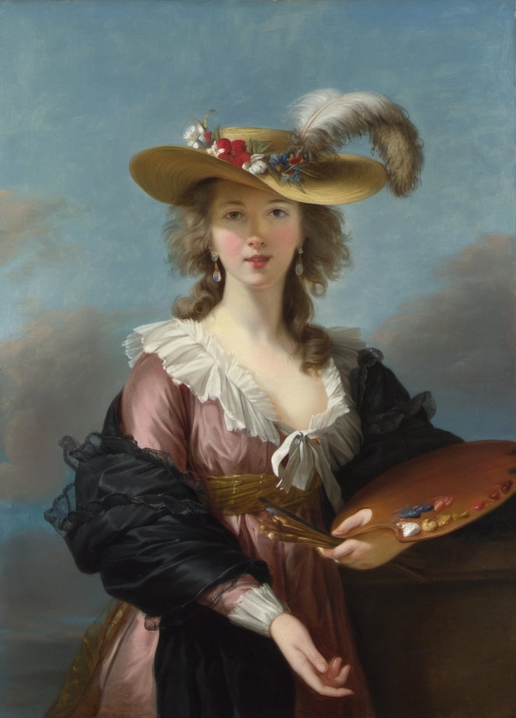 Prompt: a photo of a woman in a hat holding a plate of food and a feathered hat on her head, Élisabeth Vigée Le Brun, rococo, photo, a photo