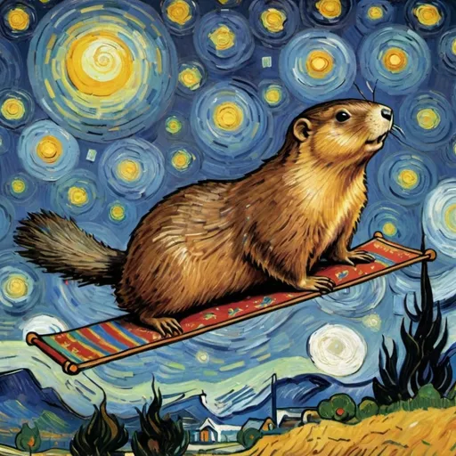 Prompt: A woodchuck flying on a "magic carpet" in "The Starry Night" by Vincent van Gogh