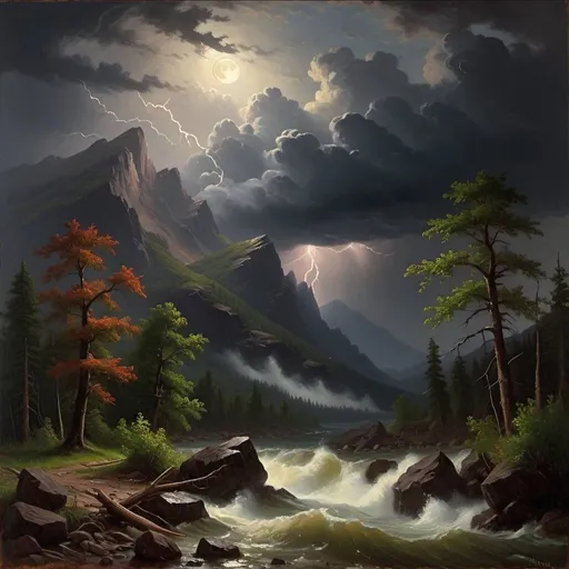 Prompt: Create a UHD, 64K, professional oil painting in the style of Albert Bierstadt, Hudson River School, american scene painting, Depict a It was a stormy night
The storm roared and rumbled in the mountains The storm increased The thunder rolled and the rain continued to beat with unabated fury
and the moon had sunk behind the dark summits of the mountains
 leaving only a dim and uncertain light.
