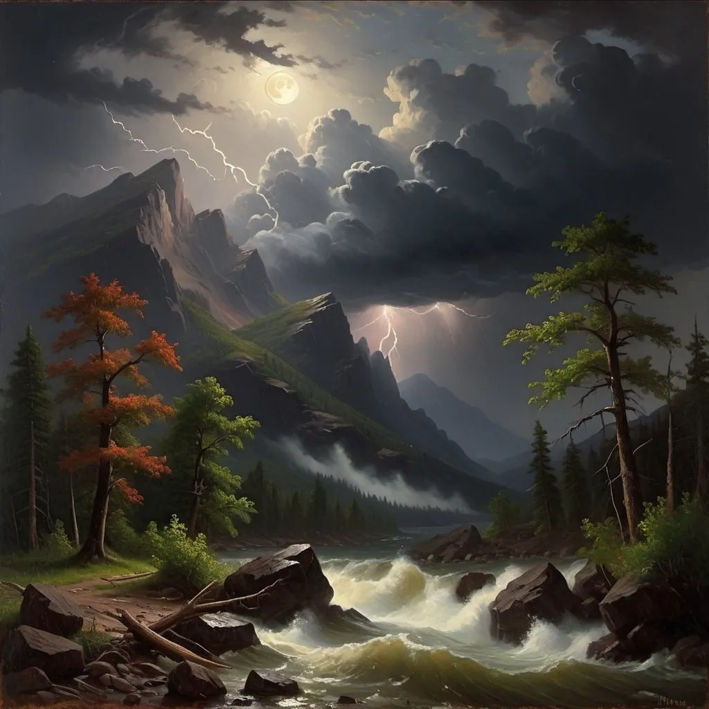 Prompt: Create a UHD, 64K, professional oil painting in the style of Albert Bierstadt, Hudson River School, american scene painting, Depict a It was a stormy night
The storm roared and rumbled in the mountains The storm increased The thunder rolled and the rain continued to beat with unabated fury
and the moon had sunk behind the dark summits of the mountains
 leaving only a dim and uncertain light.
