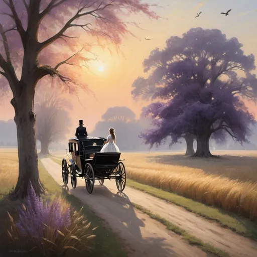 Prompt: A tranquil, dreamlike scene in a rural landscape features a horse-drawn carriage driven by a calm, respectful figure in an old-fashioned black suit and top hat, embodying Death. The carriage moves serenely along a path lined with trees, its wheels barely touching the ground. Inside, a young woman in a white dress sits comfortably, holding a bouquet of withered flowers, reflecting peace and contemplation on her final journey.

The path is flanked by fields of golden wheat swaying gently in the breeze, symbolizing the cycle of life. A setting sun casts a golden hue, blending into the horizon with shades of purple and pink, illustrating the transition from day to night, life to death. In the distance, a small, quaint house is visible, partially obscured by a large oak tree, representing memories of a life left behind.

Birds fly in the sky above, creating a sense of movement and freedom, while light beams pierce through the trees, casting long shadows and enhancing the ethereal atmosphere. The overall mood is calm and reflective, capturing the serene acceptance of the natural order.

Blend realism and impressionism in the art style, using soft brush strokes and a muted color palette to enhance the timeless and dreamlike quality of the scene.

