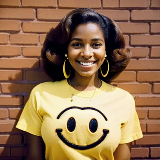 Prompt:  woman with earrings 1970s smiley 
face yellow,
and a smiley face on her shirt
 is standing by a brick wall 
and smiling at the camera, Ella Guru, verdadism, cheerful, a stock photo