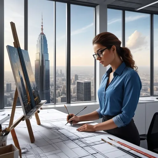 Prompt: painting of a woman working as  an architect designing a skyscraper in an office ,  a realistic painting,
UHD, 
 64K