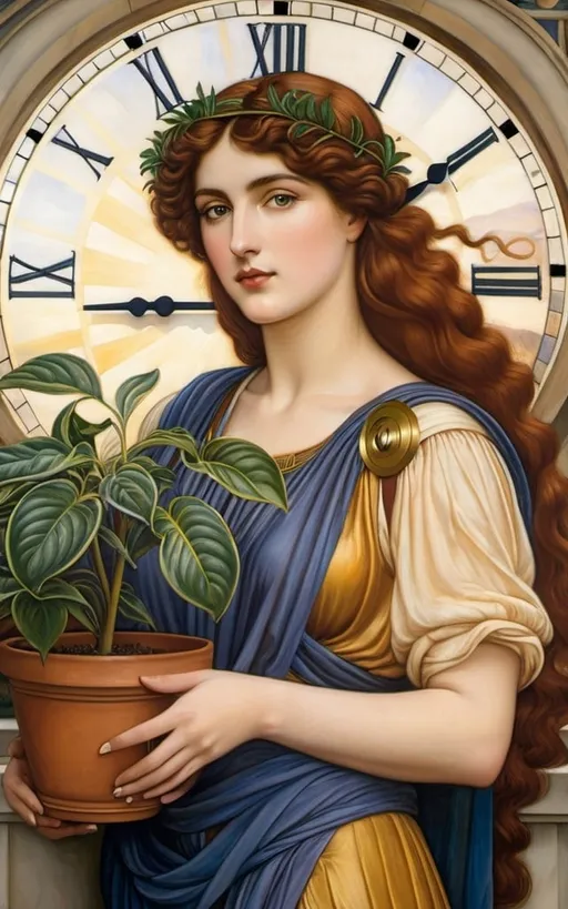 Prompt: a painting of a woman holding a potted plant in front of a clock with roman numerals, Evelyn De Morgan, pre-raphaelitism, pre - raphaelite, a fine art painting