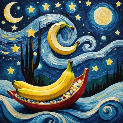 Prompt: Create a vibrant and surreal artwork inspired by Vincent van Gogh's 'The Starry Night.' Depict a scene where a banana split is soaring through the night sky on a magic carpet, amidst the swirling stars and crescent moon. Infuse the piece with a sense of wonder and enchantment, capturing the spirit of adventure and the unexpected.