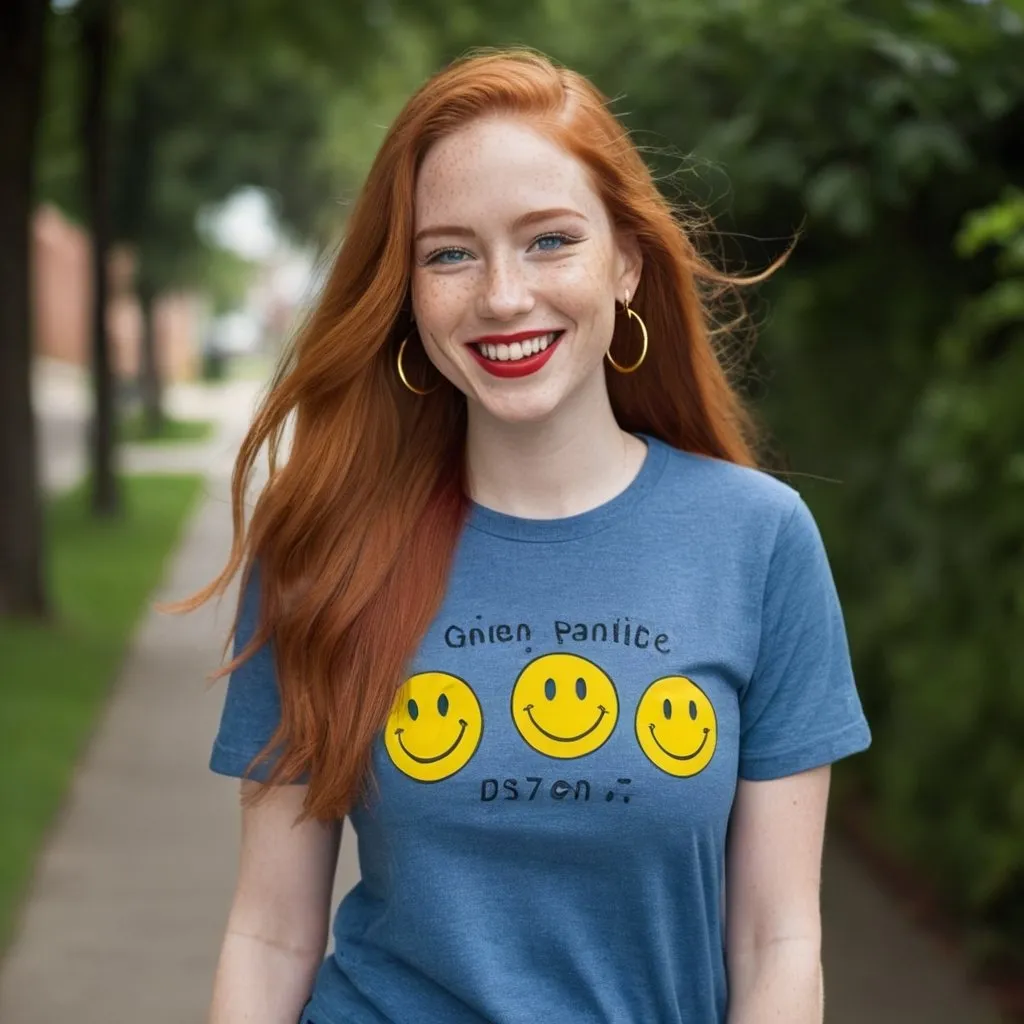 Prompt: a half-length portrait  of a   27 year-old woman, walking  cover with dark freckle, green eyes, long ginger hair, red lipstick, a smile on her face, gold-earrings-with-a-smiley-face- ON-them,  smiley-face t-shirt, long blue jean, red and blue tennis shoes,  photo 