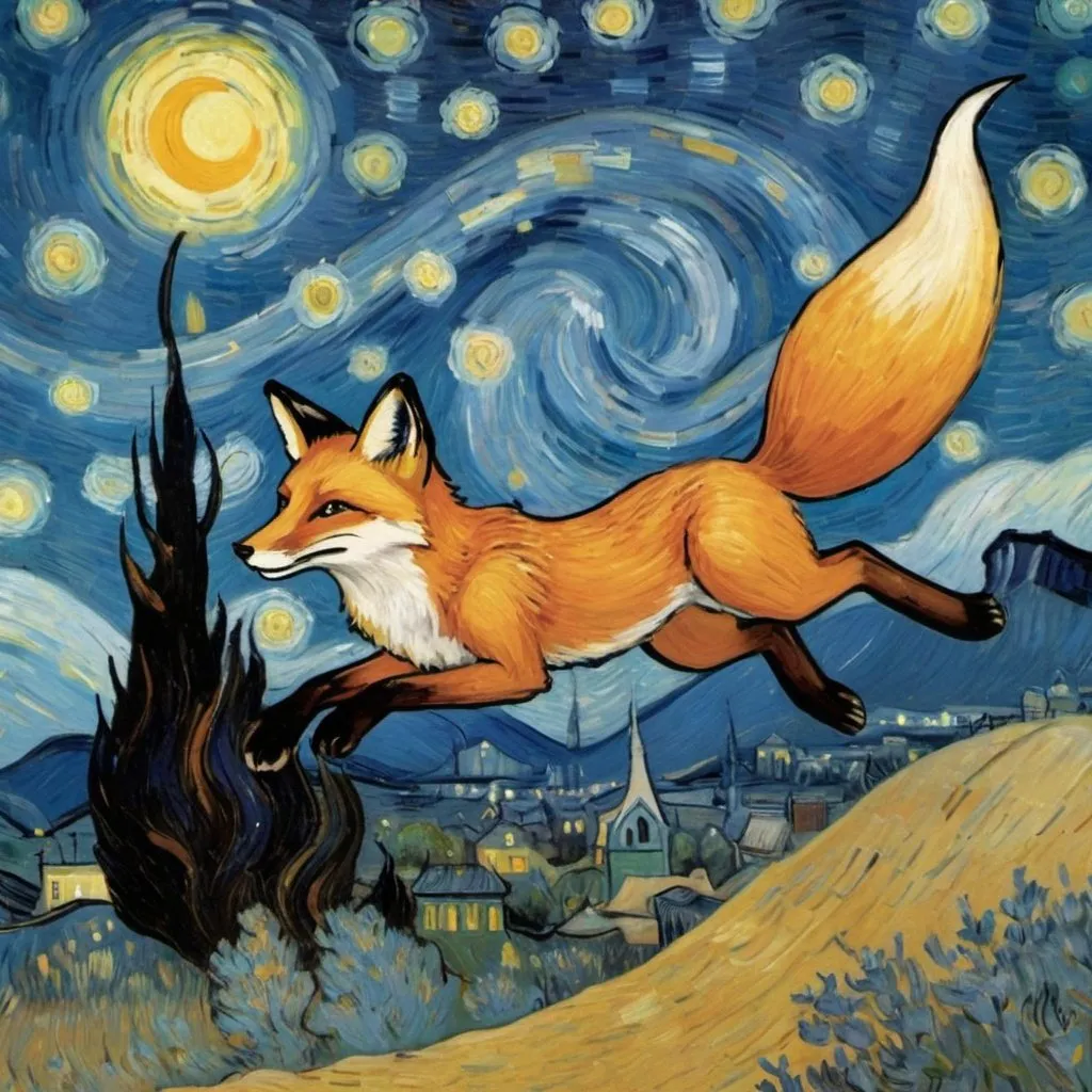 Prompt: a fox flying on a "magic carpet" in "The Starry Night" by Vincent van Gogh