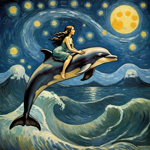 Prompt: Mona Lisa riding a dolphin that is jumping over the Moon in "The Starry Night" by Vincent van Gogh