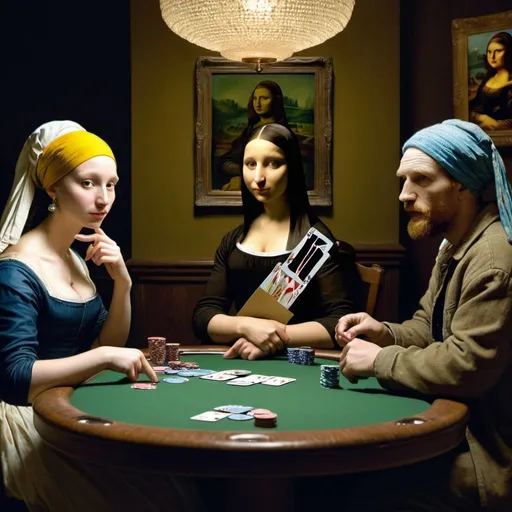 Prompt: "Mona Lisa" playing poker with "Vincent van Gogh",  and "the girl with the pearl earring" 