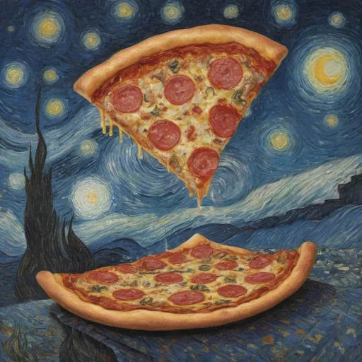 Prompt: A Pizza flying on a "magic carpet" in "The Starry Night" by Vincent van Gogh