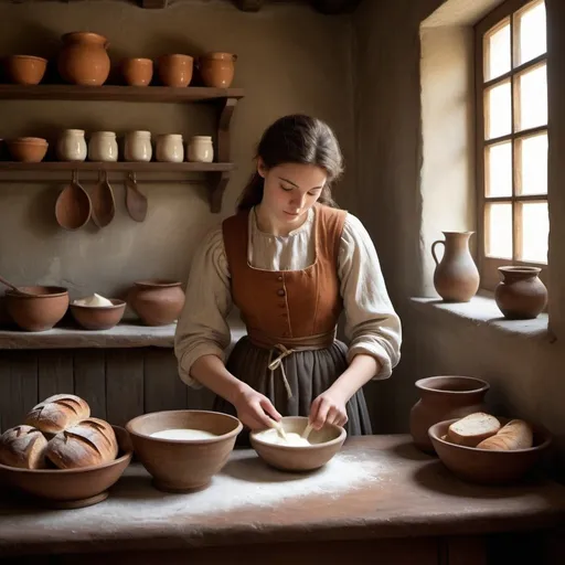 Prompt: The Subject of the Work: A robust young woman in a humble kitchen, engrossed in the simple yet profound act of pouring milk.

Details to be Added: The woman should be dressed in rich, warm-hued clothing that contrasts with the cool, muted tones of the background. Include a sturdy wooden table with a ceramic jug and a loaf of bread, capturing the intricate patterns of the bread’s crust and the subtle variations in the texture of the milk. The kitchen should have rustic elements, worn tiles on the floor, and faint cracks in the plastered walls.

Lighting: Soft, natural light filtering through a window, casting gentle shadows and highlighting the textures and details with stunning precision.

Environment: A modest 17th-century Dutch kitchen, suggesting simplicity and austerity of everyday life.

Color Scheme: Rich, warm hues for the clothing, cool, muted tones for the background, creating a beautiful contrast.

Art Style: Exquisite realism, with meticulous attention to detail and a serene, almost meditative atmosphere.