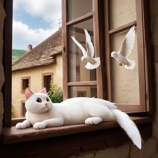 Prompt: Create an image from inside of a home of a [happy cat] lying comfortably on a ledge inside of a  [window that is wide open ].  in a [picturesque small village].
a white [dove] with its wings spread wide open, perched gracefully inside, fly over  the cat.
