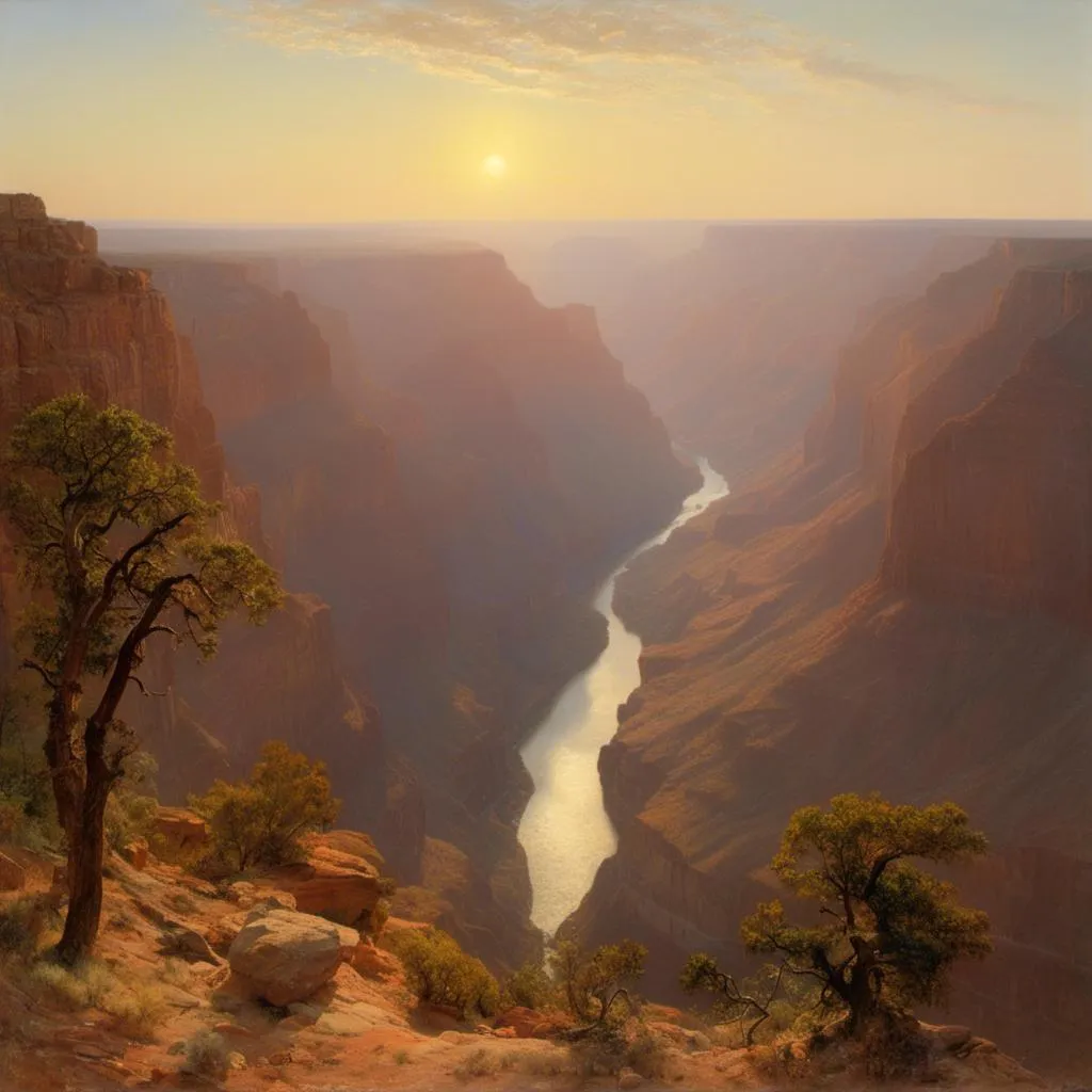 Prompt: <mymodel>Grand Canyon at sunrise, 
wide angle view, 
full depth of field, 
beautiful, 
high resolution, 
realistic,
detailed foliage, 
serene atmosphere, 
golden hour lighting, 
majestic Colorado River, 
exquisite rock formations, 
natural beauty, 
landscape painting,
professional quality, 
sunrise, 
Canyon walls, 
majestic  Colorado River, 
realistic, 
detailed foliage, 
serene atmosphere,
wide angle view,
full depth of field, 
beautiful, 
high resolution, 
golden hour lighting, 
exquisite rock formations, 
natural beauty