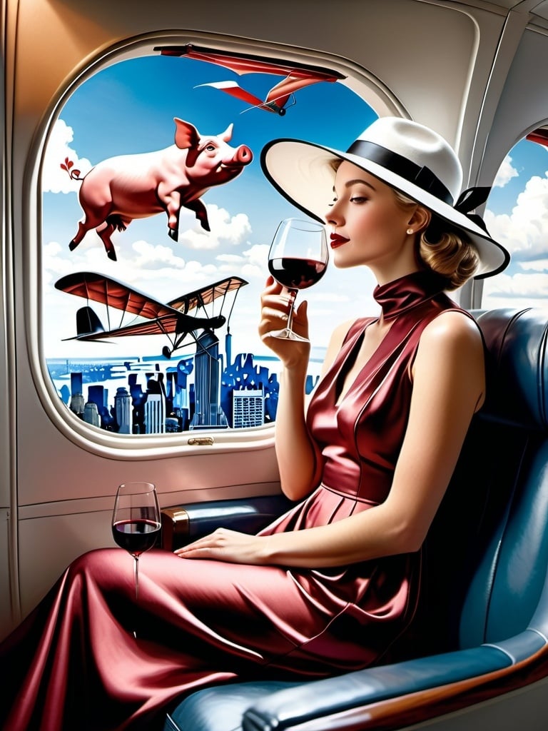 Prompt: a 21-year-old woman in a long flower print Empire Dress with a high neck line and white hat  sitting on an airplane seat with a hat on her head, drinking red wine, and a ((a pig  flying by way of hang glider over New York city ))  in the background with a window, Annie Leibovitz, precisionism, promotional image, an art deco painting