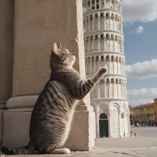 Prompt: a cat knocking over the leaning tower of pisa