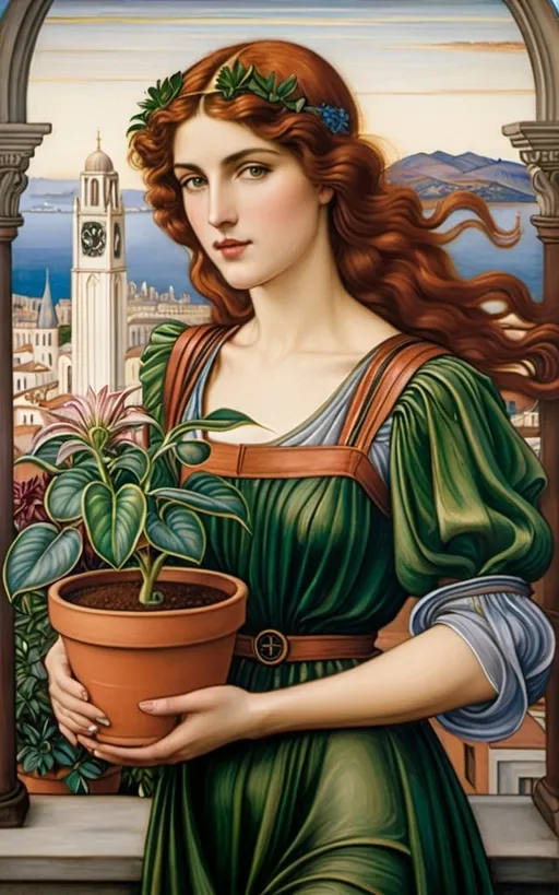 Prompt: a painting of a woman holding a potted plant in her hands and a city in the background with a clock tower, Evelyn De Morgan, pre-raphaelitism, pre - raphaelite, an art deco painting