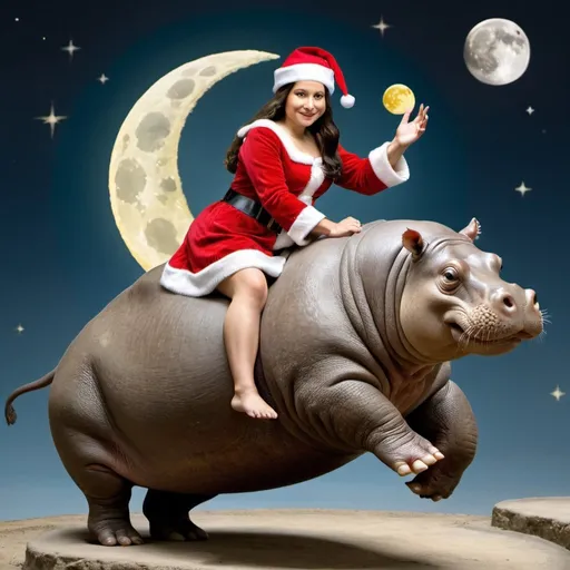 Prompt: Mona Lisa wearing a Santa Claus hat riding a Hippopotamus  that is jumping over the Moon. 