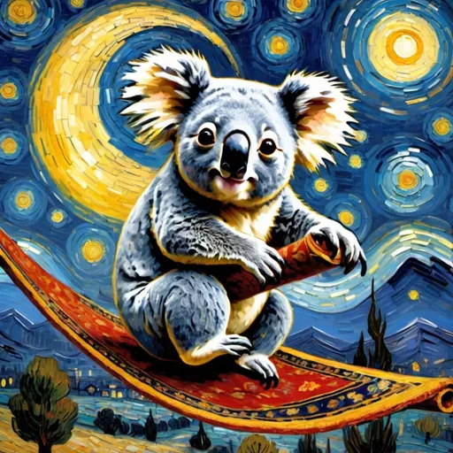 Prompt: A koala flying on a "magic carpet" in "The Starry Night" by Vincent van Gogh