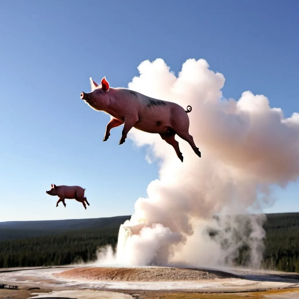 Prompt: three pigs flying over Old Faithful
